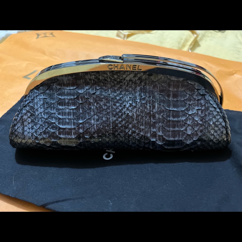 Authentic Chanel, Silver Python Timeless Clutch Dark Silver